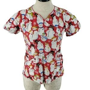 Peaches Women's Fitted Medical Snowman‎ Christmas Red Scrub Top Size Small